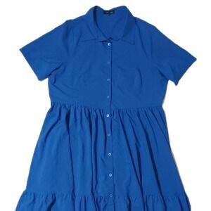 Buxom Curvy 2X Blue Button Front Full Skirt Ruffle Dress Flounce